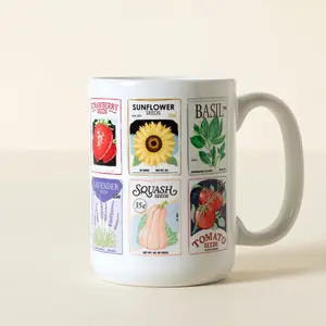 Gardener's Daily Interactive QR Ceramic Mug,Vintage Seed Packet Illustrated Coffee Cup,Scanable QR Code Daily Plant Wisdom Drinkware,Year Round Gardening Tips Digital Interactive Mug,Colorful Retro Vegetable Herb Flower Seed Print Tea Cup