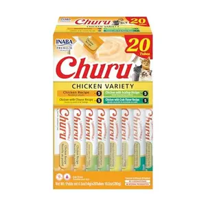 INABA Churu Cat Treats, Lickable, Squeezable Creamy Purée Cat Treat with Green Tea Extract & Taurine, 0.5 Ounces Each Tube, 20 Tubes, Chicken Variety Box