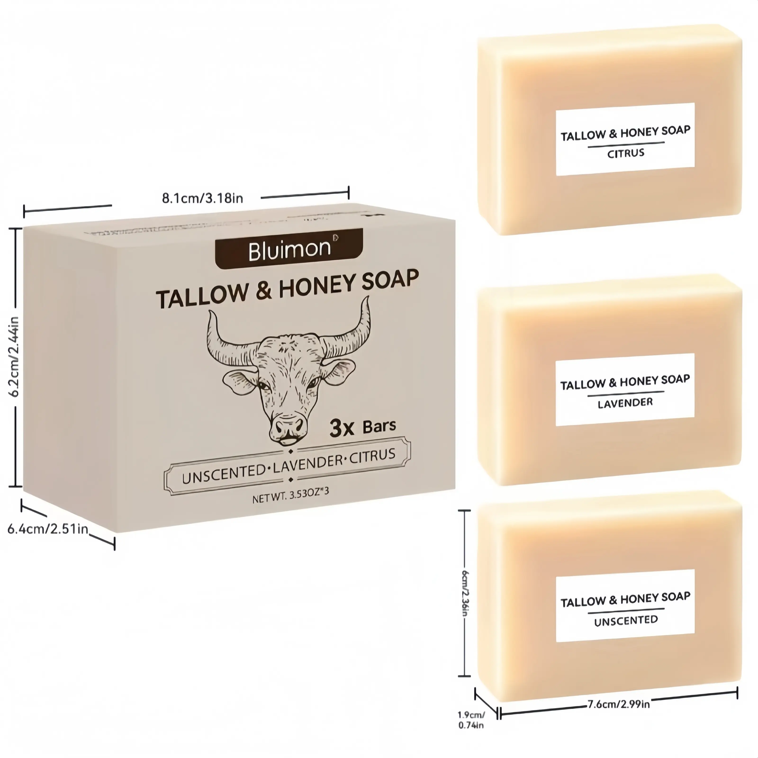 Bluimon Grass-Fed Beef Tallow & Raw Honey Soap Bar for Face & Body - Deep Moisturizing Natural Handmade Soap for Dry Sensitive Skin, Unscented, Lavender & Citrus