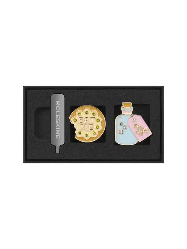 Moleskine Limited Edition Alice’s Adventures in Wonderland Collectible Eat Me & Drink Me Notebook Pins, Set of 2