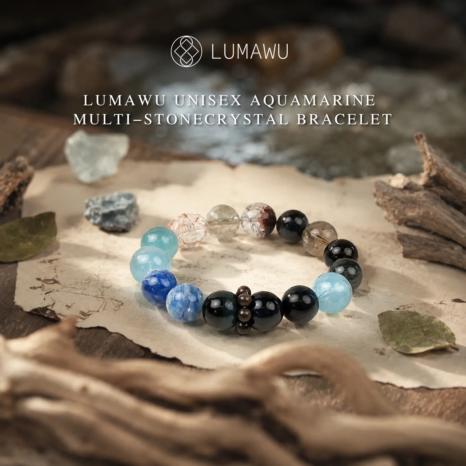 LUMAWU Unisex Aquamarine Multi-Stone Crystal Bracelet, 12mm-13mm Premium Five Elements Natural Gemstone Bracelet, High Frequency Energy Balancing Jewelry to Align Chakras & Shield Aura natural stone bracelet
