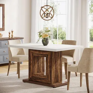 Tribesigns 47-Inch Farmhouse Dining Table for 4, White Kitchen Dinner Table with Heavy Duty Pedestal, Rustic Wooden Eating Table for Home, Dining Room, Small Space, White & Brown Interior
