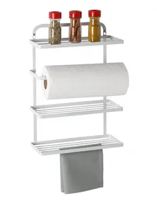 3-Shelf Cabinet Door Organizer with Paper Towel Holder, Wall Mounted of Hang Over Cabinet Door for Kitchen or Bathroom Organization, White