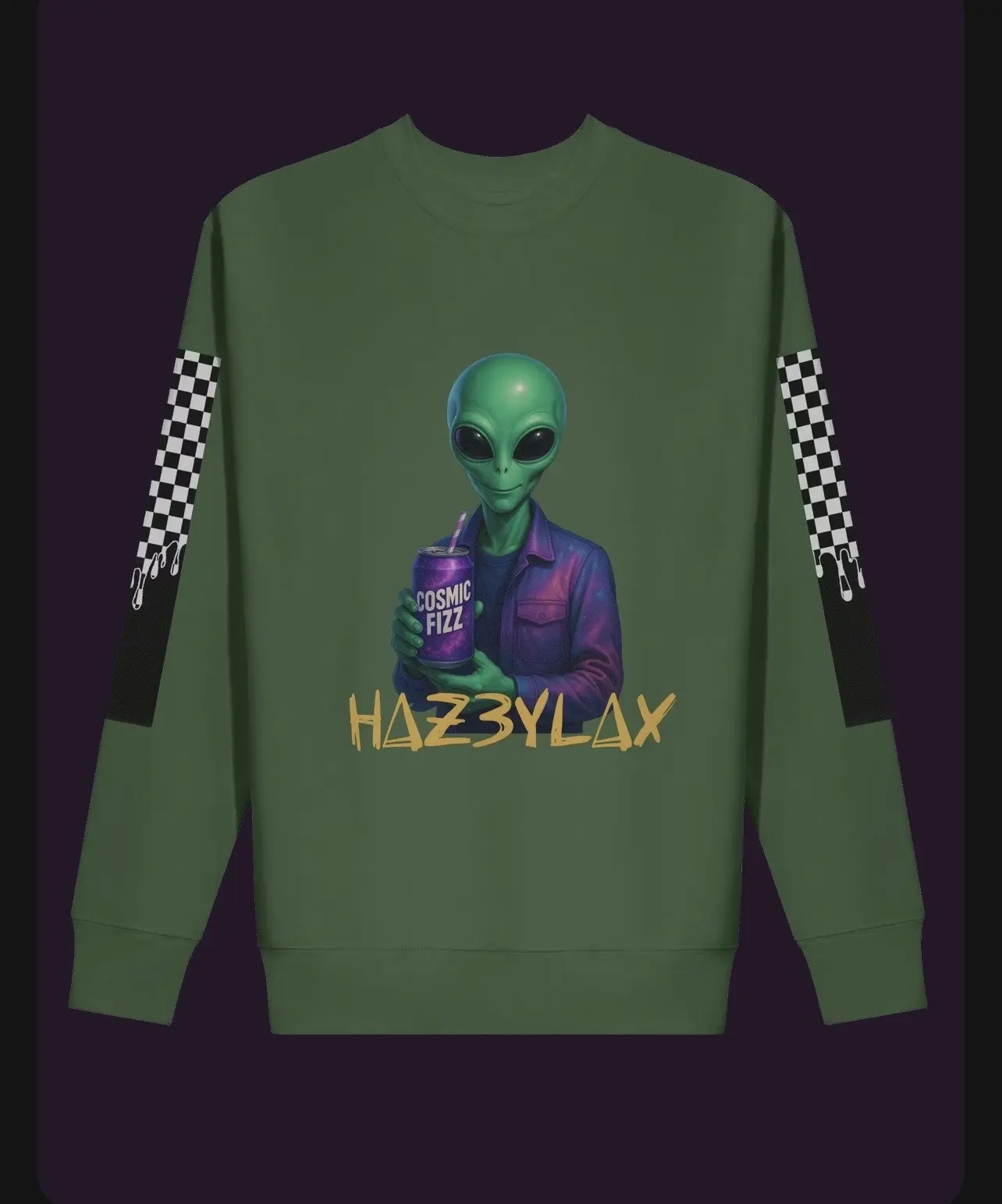 HAZ3YLAX Green Drip Checkerboard Alien Sweatshirt