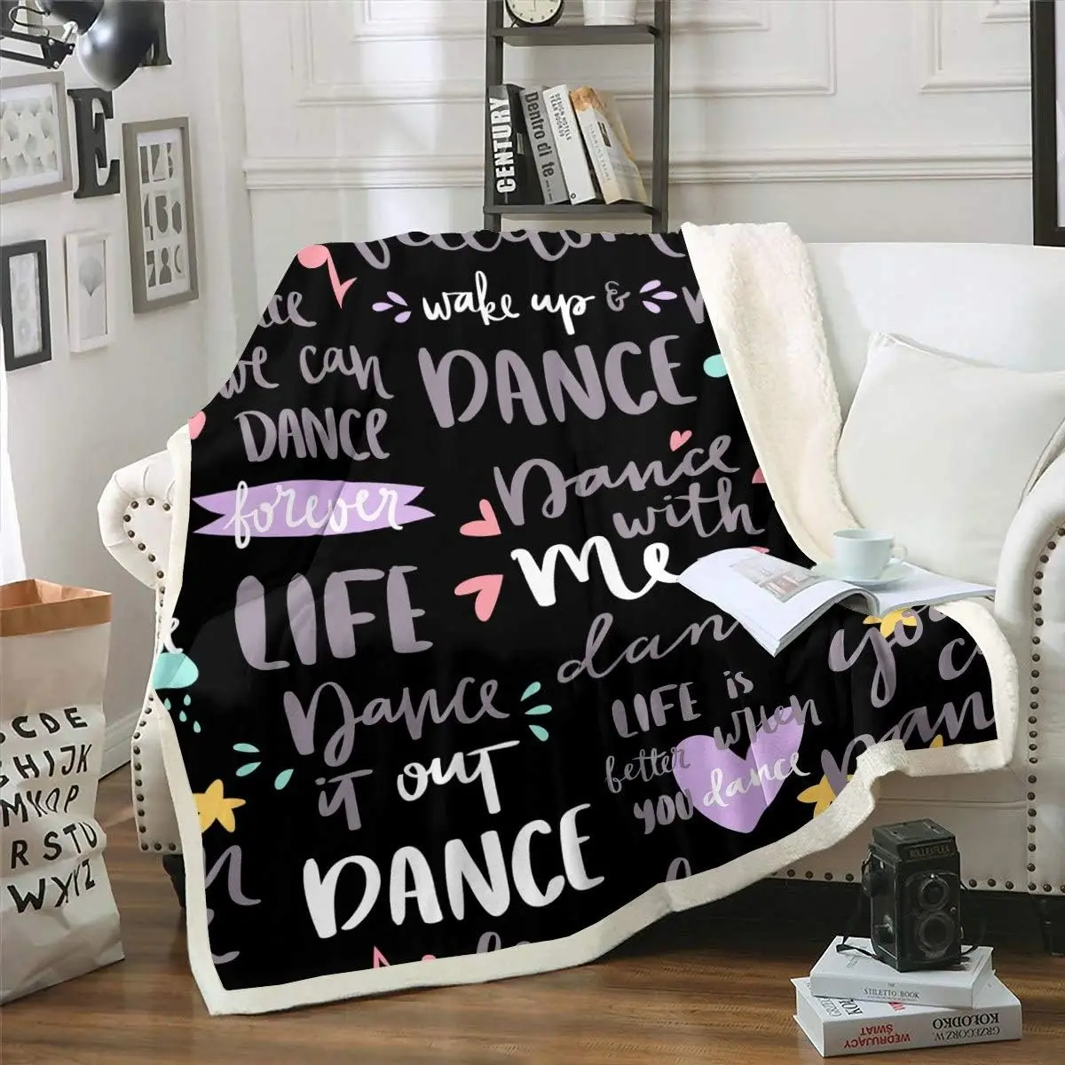 Feelyou Hippie Graffiti Sherpa Blanket - Custom Graphic, Digital Printing, Graphic Print, Faux, Full Synthetic Blankets, Soft Plush Texture, Unisex Fleece Throw for Dance Enthusiasts, Custom Graphic Blankets