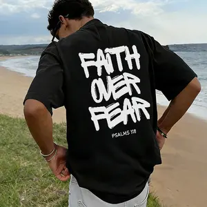Men’s oversized Christian T-shirt, “Faith Over Fear Psalms 118” graffiti print, casual black crewneck streetwear tee for young believers tiktokshopspringglowup