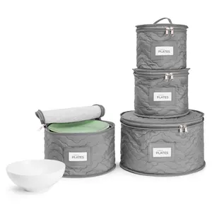 Sorbus Quilted China Storage Containers - Set of 4 Stackable Plate Carriers with Felt Plate Protectors Boxes Organiser