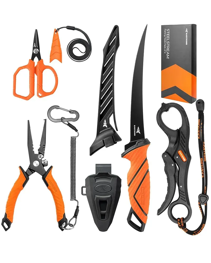 KastKing SteelStream 4-Piece Fishing Tool Set with 7” Fillet Knife, Fishing Pliers, Braid Scissors & Floating Fish Lip Gripper
