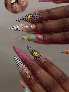 Y2K Colorful Press On Nails Long Stiletto, Smiley Face Polka Dot Rainbow Swirl Nails, 3D Bubble Gel Nails, Funky Statement Fake Nails