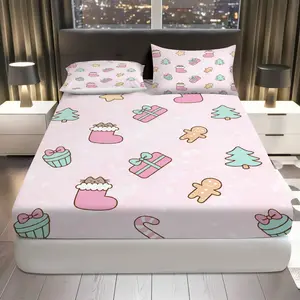 3Pcs Christmas Tree Gingerbread Gift Fitted Sheet Three Piece Set (1*Fitted Sheet+2*Pillowcases, Coreless), Christmas theme, Holiday Decorations Bedding Set, Mattress Protector Soft, Breathable
