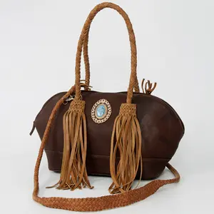 American Darling Tote Bag, Genuine Vegetable-Tanned Leather, Braided Trim with Fringes & Turquoise Stone, Western Handbag