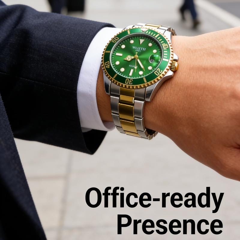 Men's Pro Diver Quartz Watch with Stainless Steel Strap - green Dial & Gold Accents - Durable & Stylish Timepiece