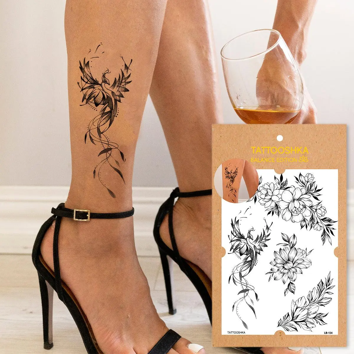 Flowers and Phoenix (LB-124). Temporary tattoos. Party tattoos. Kids tattoos. Custom design. Tattoo sets. Ukrainian. Realistic. Waterproof