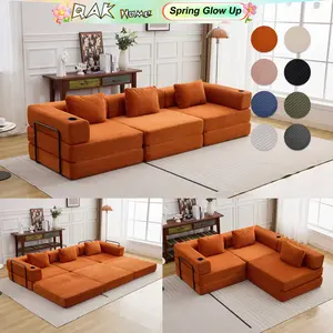 QAK 115" Modular Floor Sofa Bed with Two Cup Holders High-Quality Corduroy Fabric Free Combination Design Premium Sponge Padding Multifunctional for Small Spaces Living Room Mattress