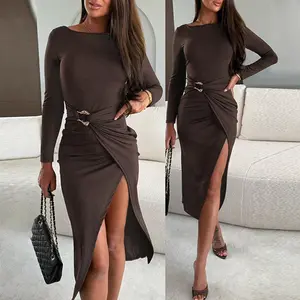 ChicMe Women's Long Sleeve Ruched Waist Metal Button Decor Bodycon Dress Casual Slit Slim Fit Midi Dress Elegance Womenswear