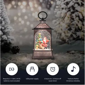 White Vintage Snow Lantern with LED Light, Music Timer USB Powered Winter Table Decor