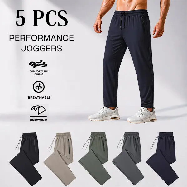 Men’s 5-pack athletic pants, lightweight breathable cool fabric, zippered pockets + drawstring waistband design, loose straight fit, versatile sweatpants for running/fitness and everyday casual wear