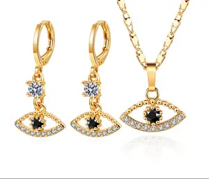 18K Gold Plated Mystic Evil Eye AAA Cubic Zirconia Necklace & Huggie Earrings Jewelry Set