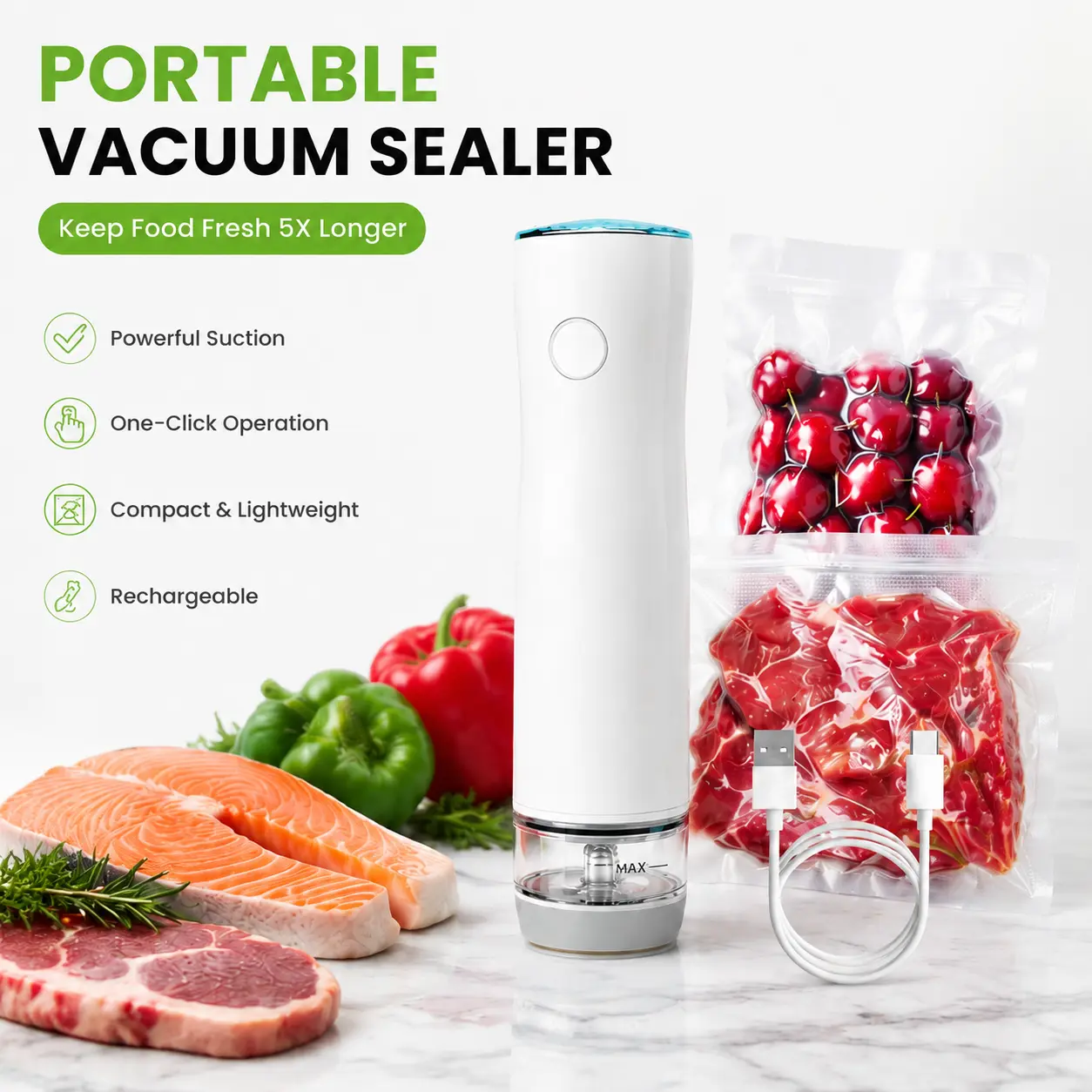 Portable Vacuum Food Sealer Machine, Handheld Wireless Food Saver with 30 Reusable Vacuum Bags, Automatic Vacuum Storage System for Fresh Food Preservation, Kitchen & Travel Essentials