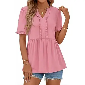 MEROKEETY Women's Summer Babydoll Tops 2026 Ruffle Short Sleeve V Neck T Shirts Casual Loose Peplum Tunic Blouse
