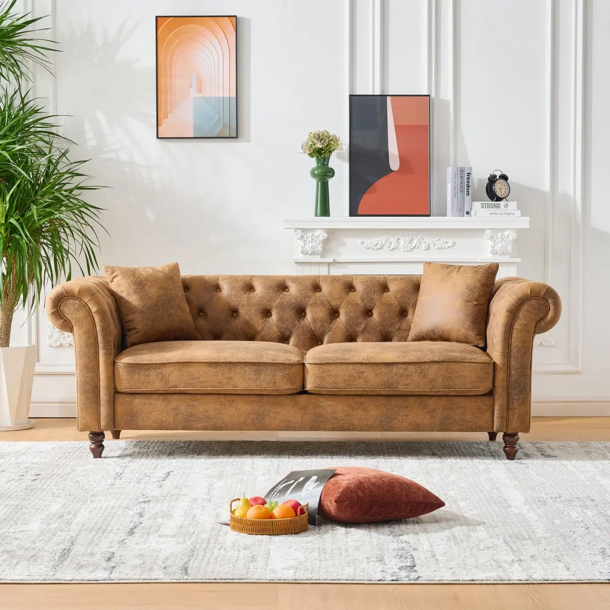 80"Chesterfield‌tech Fabric Sofa,High-tech Fabric Roll Armrest Sofa,Upholstered Mid Century Modern Couch,3 Seater Couch for Living Room, Office, Apartment, Brown.