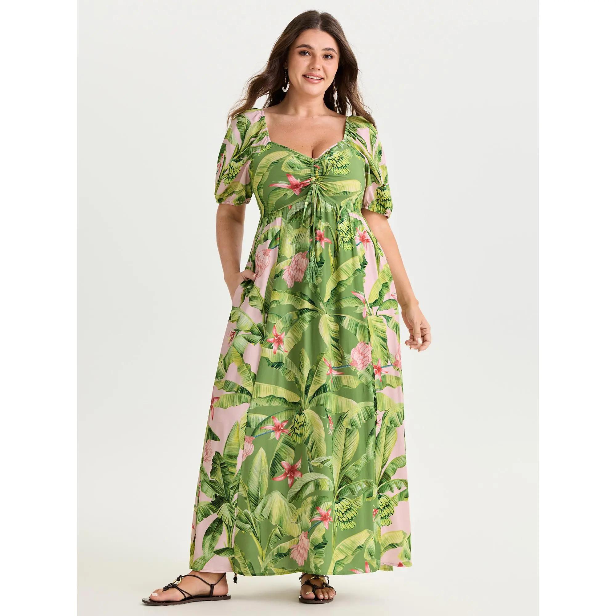 BLOOMCHIC Women's Plus Size Short-Sleeve Maxi Dress - Light Smooth Rayon, Tropical Floral Print, Ruched Bodice, Side Pockets, Pull-On, Lantern Sleeve Option, Lace Accent, Low Iron, Cold Wash Safe [M-6X] 2026 Casual Resort Wear, Super Size Casual Dresses