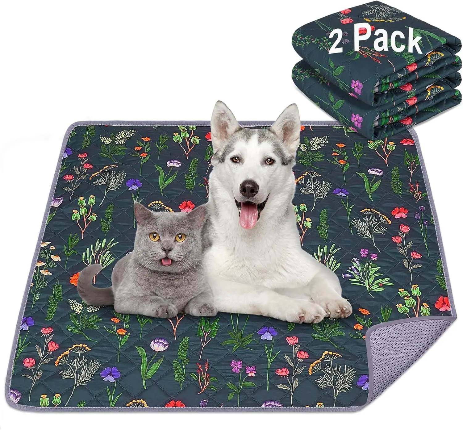 2-Pack Reusable, Super Absorbent Dog Pee Pads: 100% Waterproof, Dark Green, Ideal for Training, Playpens, Crates, Sofas, Cars, and More washable pee