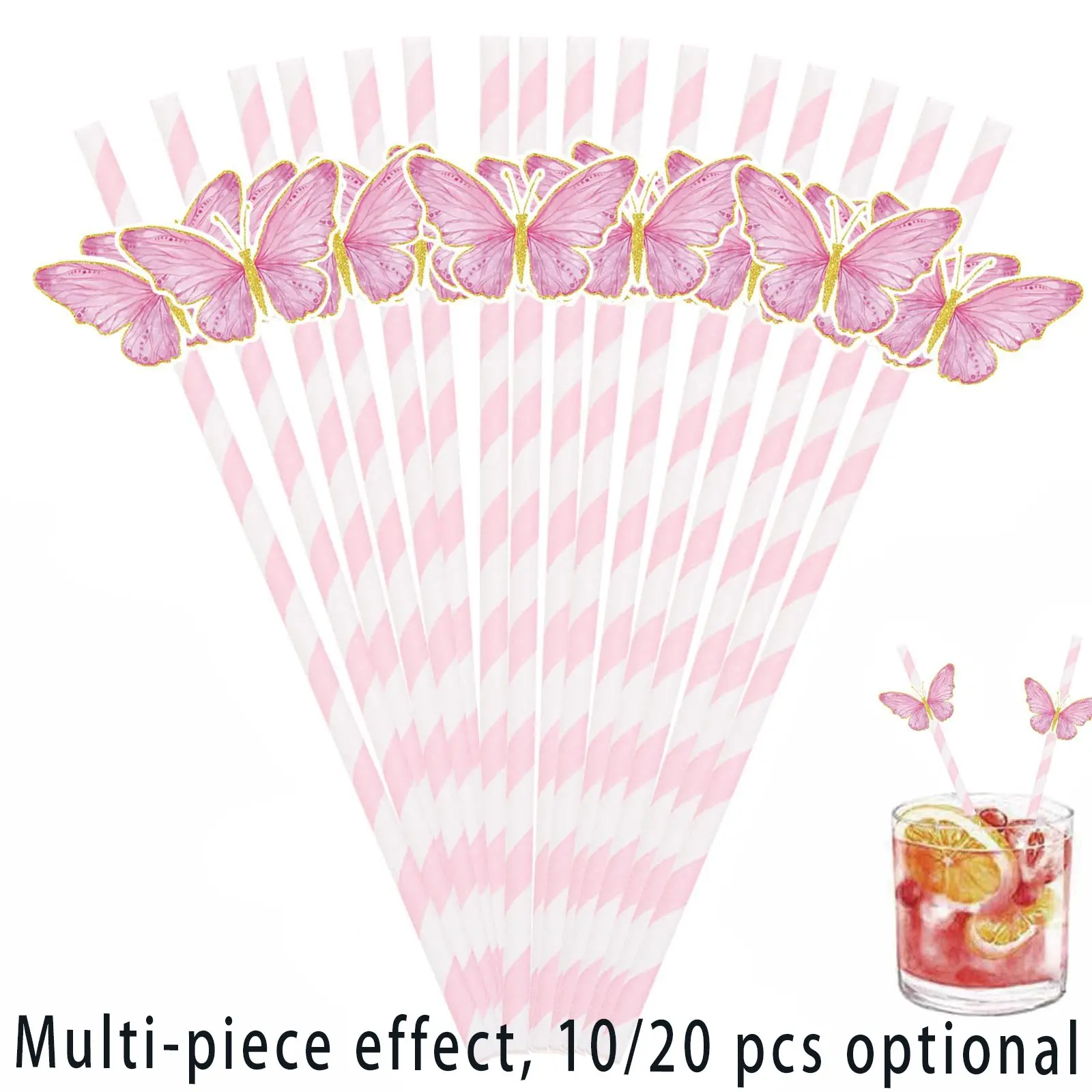 10/20 PC Butterfly Striped Paper Straws, Pink Striped Party Straws, Cute Disposable Drinking Straw Set, Drink Accessories, Suitable for Christmas, Birthdays, Cocktails, Milkshakes, Cold Drinks, and Party Decorations