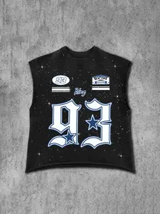 Summer Unisex Sleeveless T-Shirt, Number 93 Print Baseball Jersey, American Rivet Design Vest, Casual Daily Wear, Gym, Motorcycle Riding, Music Festivals