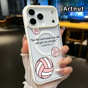 Compatible with iPhone 17 Pro Max 16 Plus 15 14 13 12 11 Air E Magnetic Phone Case Volleyball and Verse Transparent Acrylic Four Corners Bumper Shockproof Protective Cover