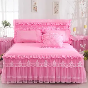 Elegant French Princess Bed Skirt Set, Includes 1 Bedskirt and 2 Ruffled Pillowcases, All Seasons Use, Soft Bedding Sets
