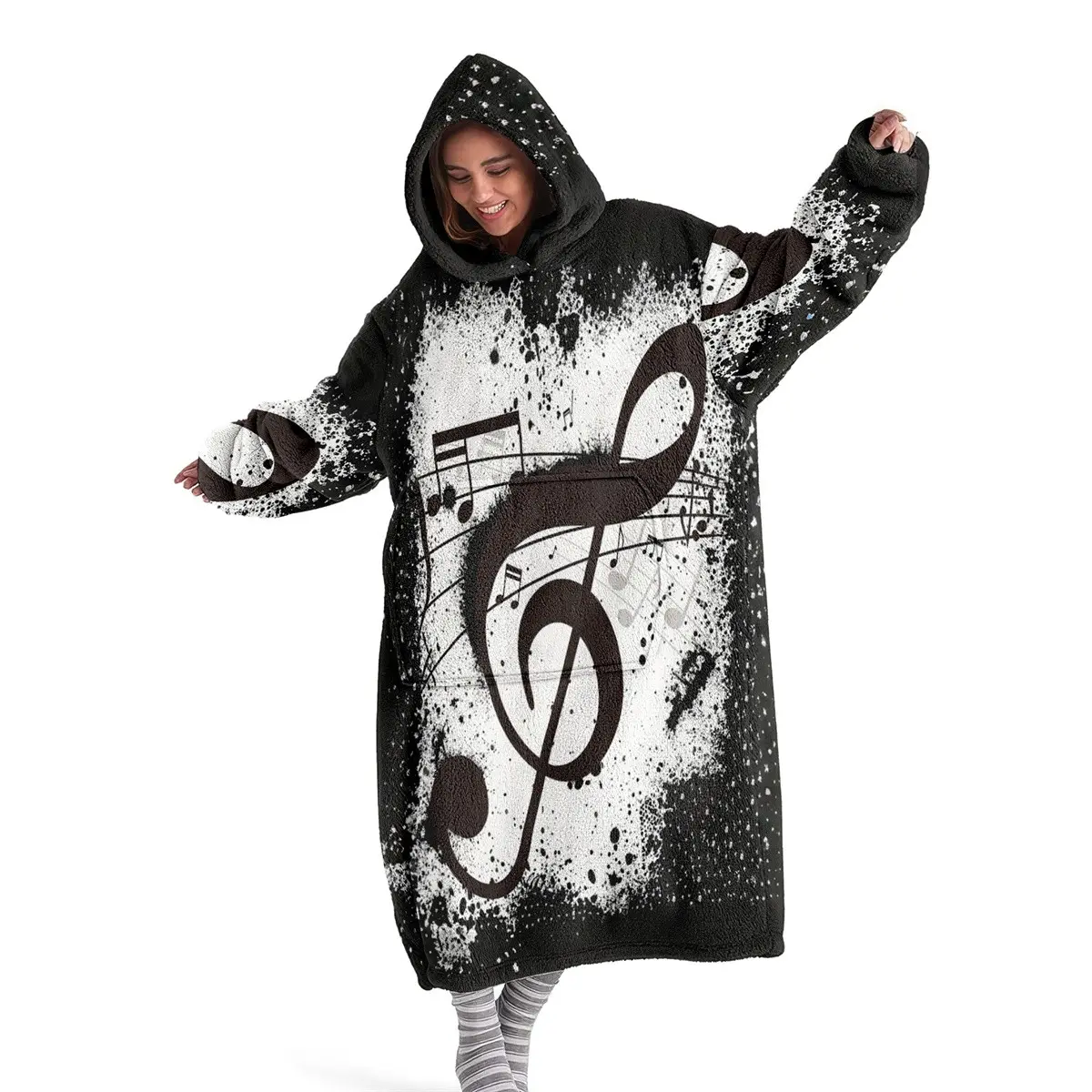 Wearable Blanket Hoodie with Music Element Print, Cozy Hooded Blanket, Soft Warm Hooded Throw for Sofa and Travel, Unique Gift for Christmas and Valentine's Day