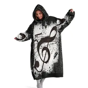 Wearable Blanket Hoodie with Music Element Print, Cozy Hooded Blanket, Soft Warm Hooded Throw for Sofa and Travel, Unique Gift for Christmas and Valentine's Day