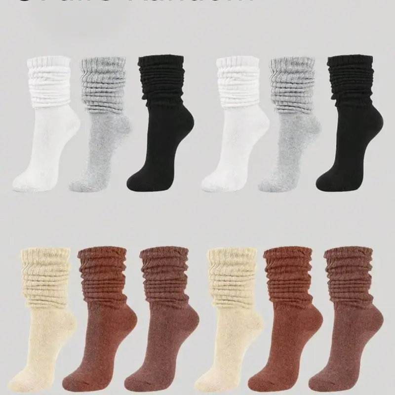 Girls' Solid Color Crew Socks Set, Plain Socks, Simple Versatile Knitted Socks, Warm Mid-Calf and Long Casual Soft Socks for Fall and Winter