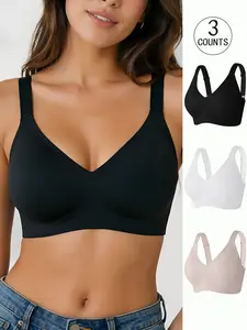 3 Pack / 5 colors, plus-size women's seamless jelly bra with detachable cups, four-row four-hook, push-up and adjustable sports vest, Wireless sports bras, suitable for daily wear, parties, yoga, breathable, underwire-free bra
