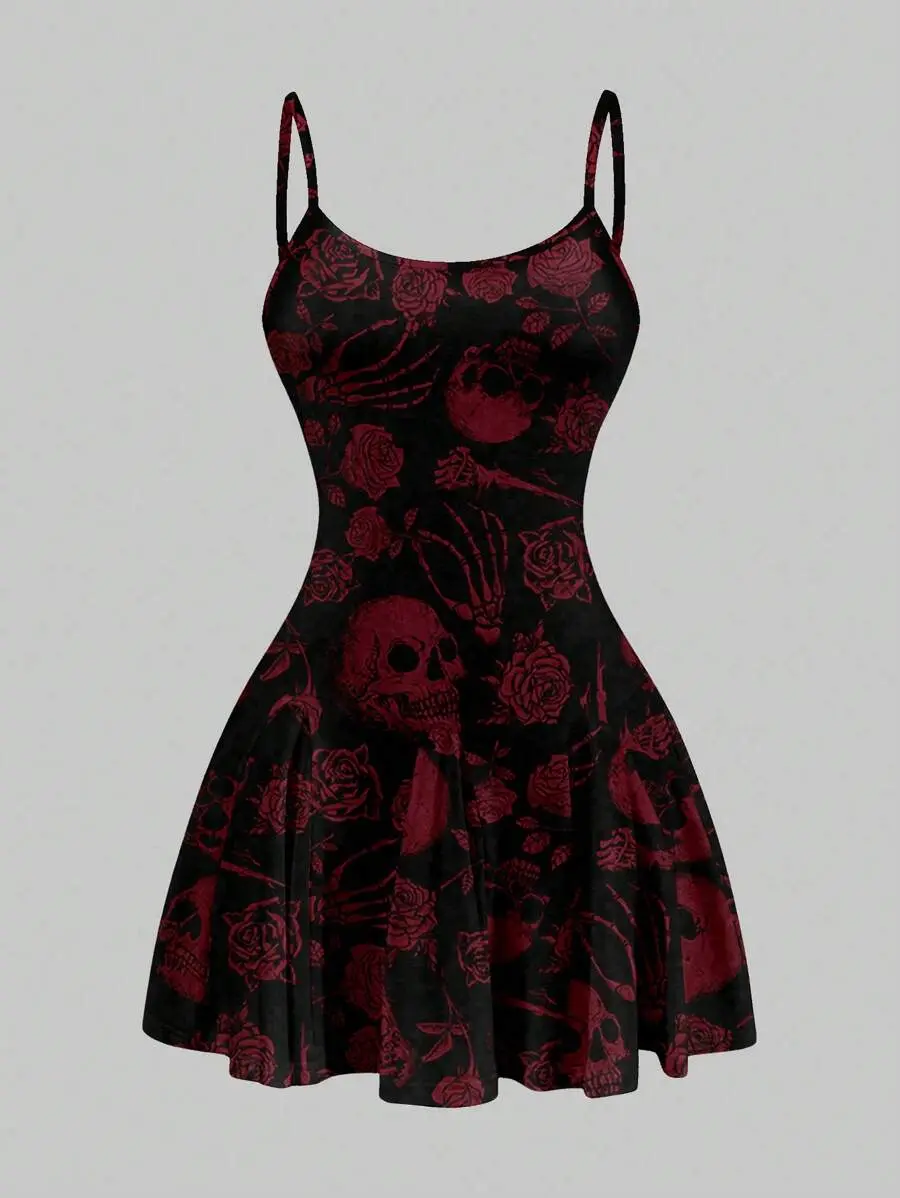 Casual Goth Skull & Rose Pattern A-Line Mini Dress For Women, Summer, Fall And Halloween, Rave Outfits Festival Suitable For Going Out Chic Dress