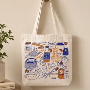 Chinese Takeout Tote Bag For Foodies Quirky Indie Casual Aesthetic Canvas With Blue And Orange Food Illustrations Thank You Enjoy Graphic Print Reusable Eco-Friendly Novelty Shopping Bag With Sturdy Shoulder Straps