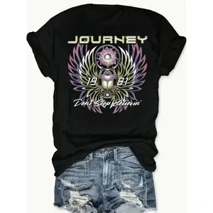 [100% Cotton] Women'S Retro Rock Band Graphic T-Shirt - Journey Never Stop Believin' Print, Short Sleeve, Crew Neck, Casual SpringSummer Top, Casual Wear    Band Design Tee    Graphic Print Te T-Shirt For Men And Women