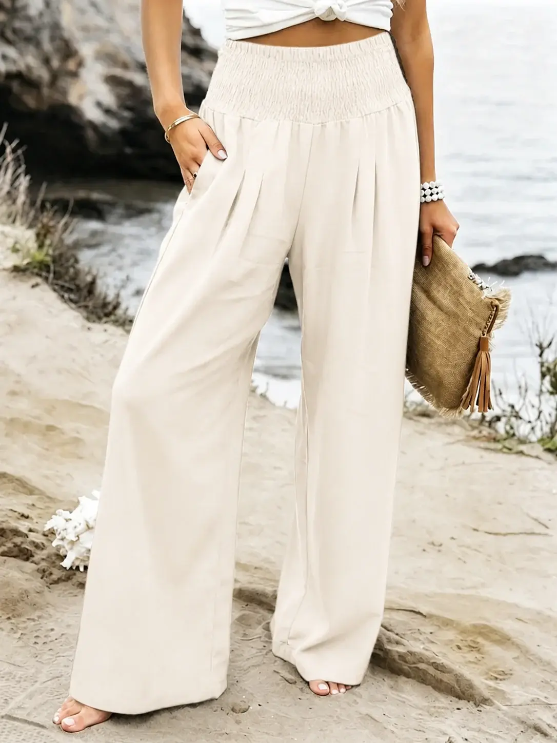 Lady's Plus Size Smocked High-Waist Wide-Leg Crop Pants - Casual Linen-Feel Basic Bottoms with Pockets, Summer Beach Office Wear Trousers