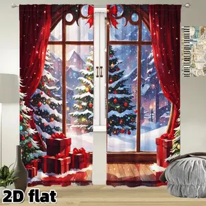 2D Flat 2Pcs Christmas Window Scene Curtains Winter Snow Landscape Red Gift Box Design Rod Pocket Style Semi Sunshade Polyester Material Home Decoration Curtain for Living Room Bedroom Holiday Home Decor Treatment