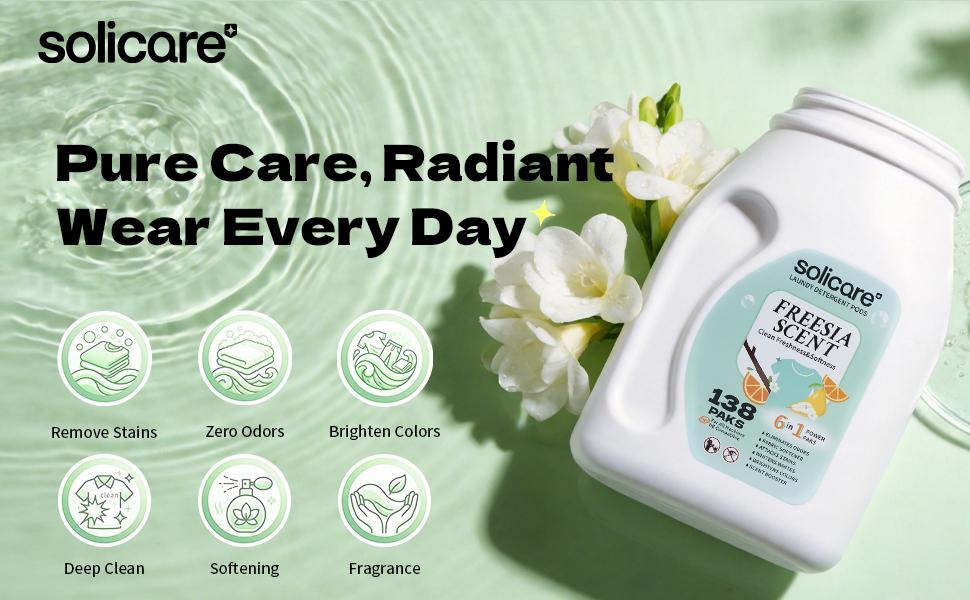 Z-Solicare-Fresh Freesia 6 in 1 Stain Fighting Odor Eliminating Ocean Breeze 138 Paks Multi-Chamber HE Compatible Laundry Detergent Pods for All Washing Machines