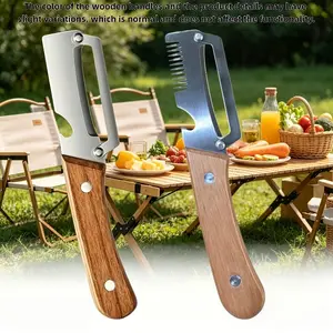 Two-piece heavy duty stainless steel peeler and slicer with bottle opener and straight edge design. Suitable for sugarcane, fruit and vegetables. Versatile and durable peeler and vegetable slicer, ideal for parties and picnics