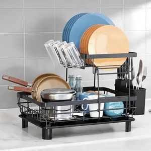 2 Tier Dish Rack, Dish Racks for Kitchen Counter, Dish Drainer with Removable Utensil Holder, Drainboard (Black)