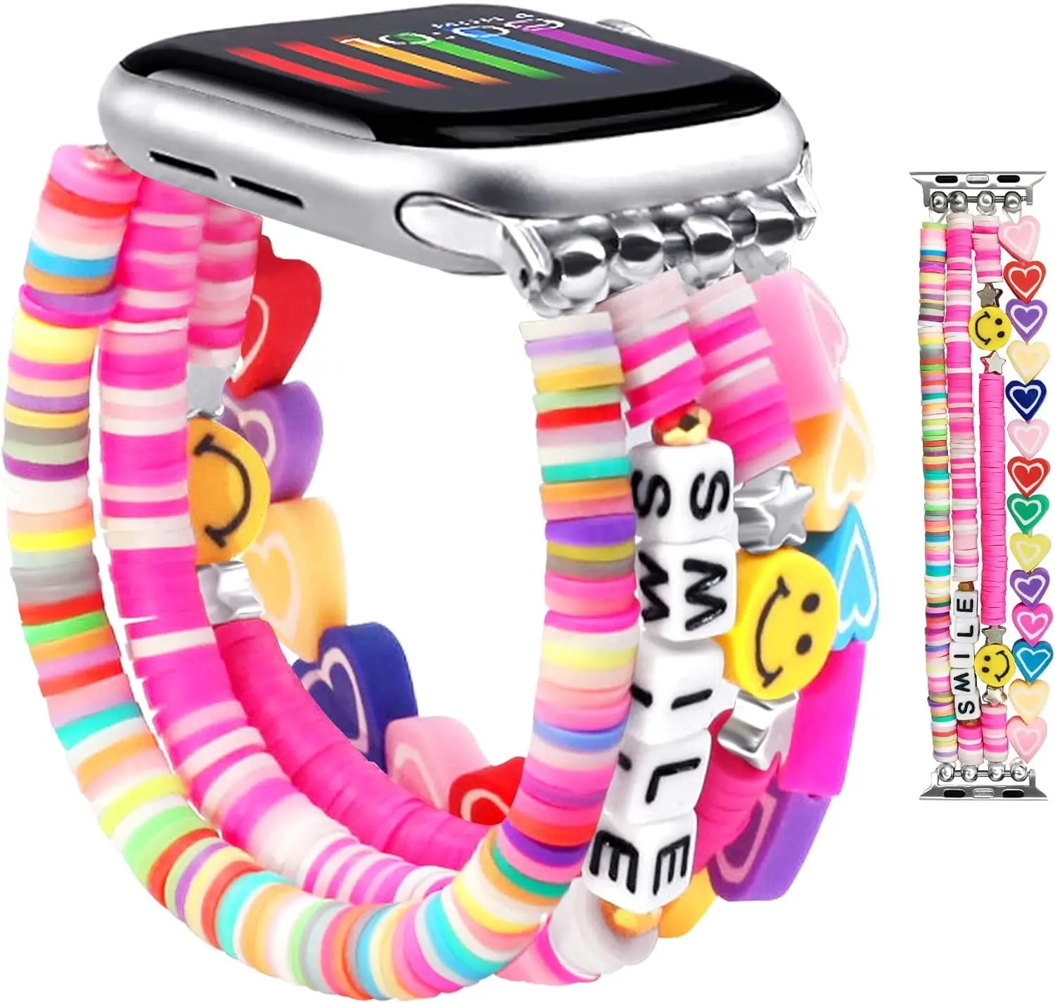 Beaded Bracelet Compatible with Apple Watch 40mm 38mm 41mm 42mm Women Kids Girls Cute Fashion Preppy Stack Handmade Elastic Watch Strap for iWatch Series 11/10/9/8/7/SE/6/5/4/3/2/1 (Colorful)
