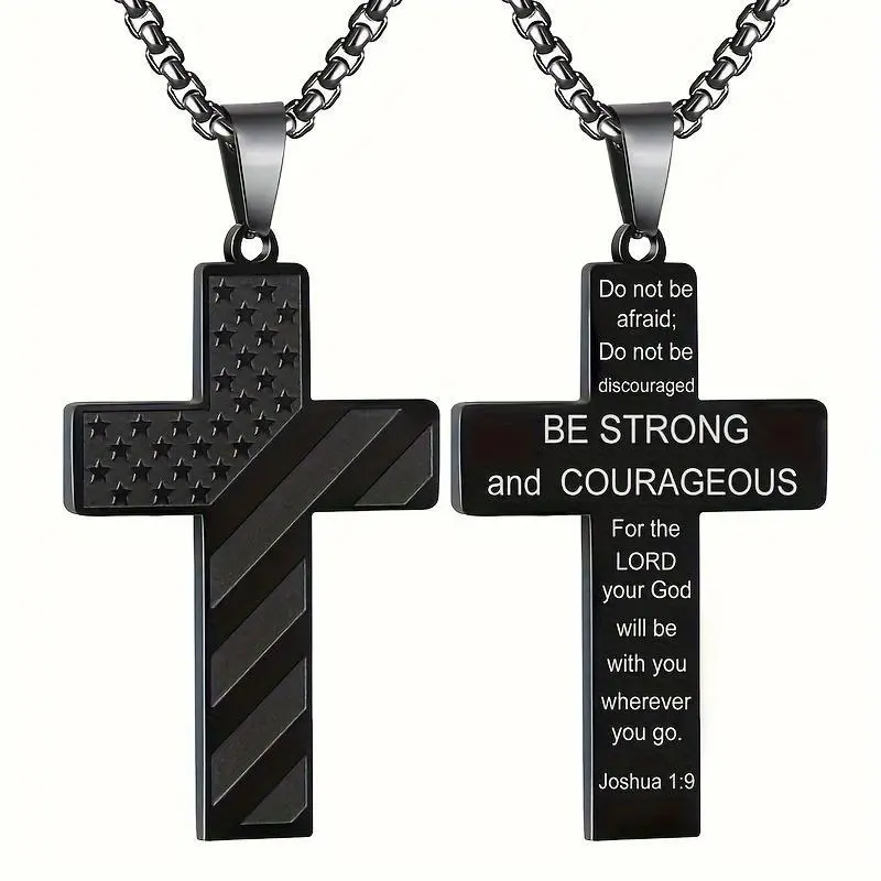 Black Stainless Steel Cross Necklace with Bible Verse, American Flag Pendant Chain - Men's Faith Jewelry for Father's Day Celebration & Devotion