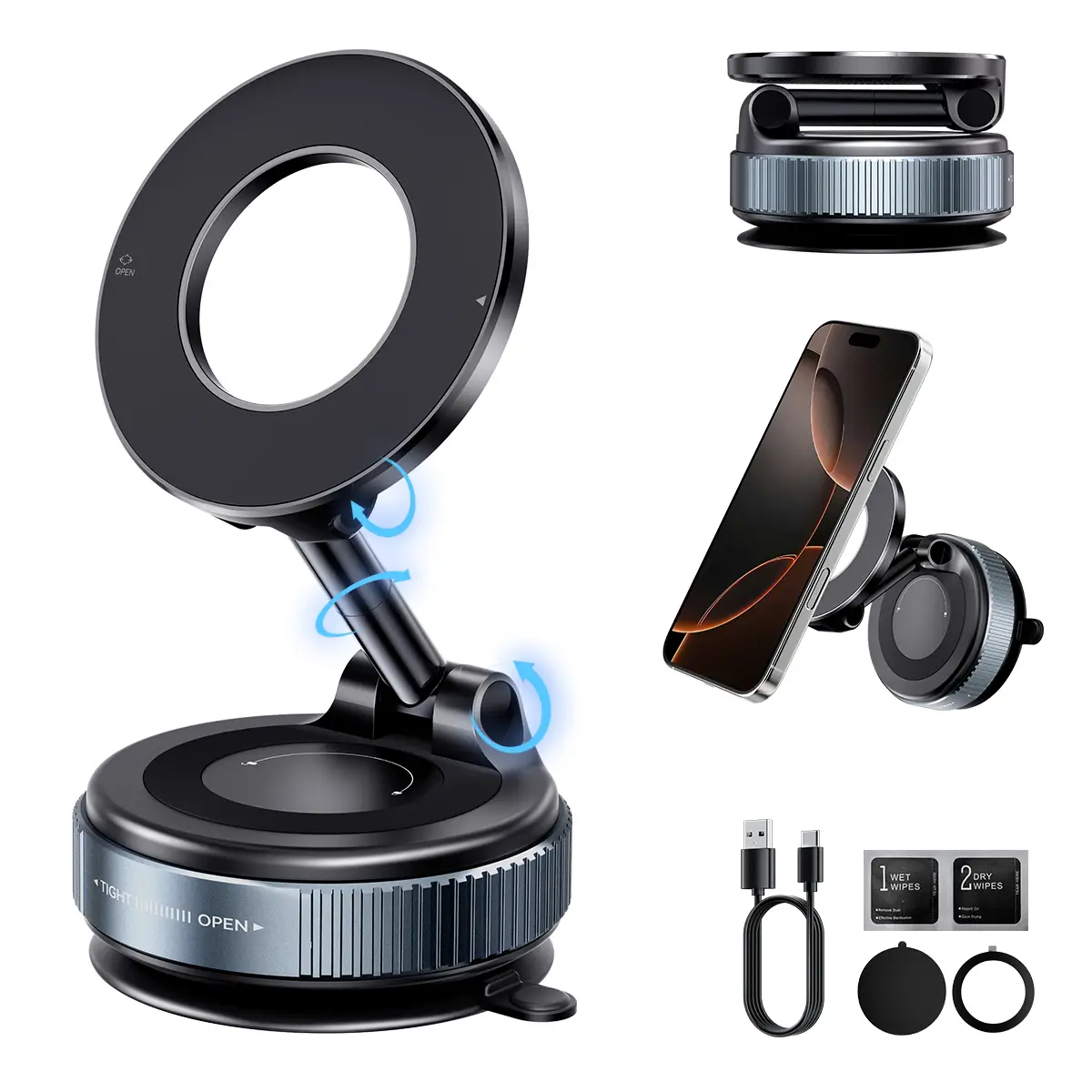 2025 Upgraded Magnetic Phone Holder,Unpowered Version 360° Rotatable Adjustable and Foldable Magnetic & Vacuum Adsorption Car Holder, No Noise for iPh