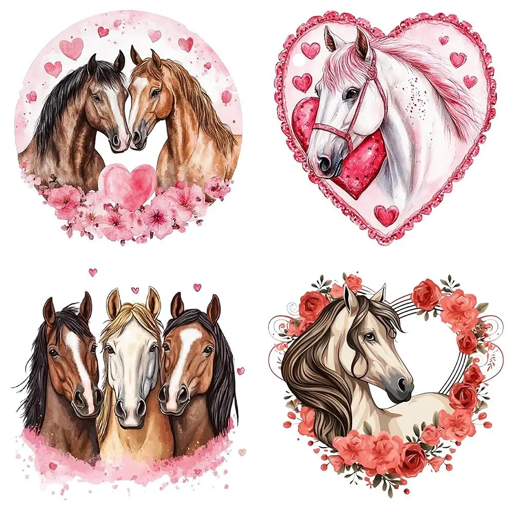Horse Pattern Iron-on Transfer Sticker, 4 Counts/set Romantic Cartoon Horse Patterns with Hearts & Roses, DIY Heat Transfer Patches for T-shirts, Backpacks