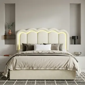 LED Light Bed Frame with Adjustable Wavy Velvet Headboard, Noise-Free Wooden Slat Support, No Box Spring Required, Easy Assembly, Twin/Full/Queen Sizes, Black Bedroom Furniture