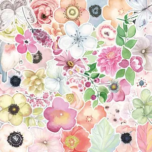 Flower Pattern Sticker, 50pcs Waterproof Self Adhesive Decor Paper, Aesthetic Decor Sticker for Gift Greeting Card Water Bottle Laptop Phone