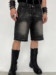 Men's rhinestone-embellished Jean shorts, black-gray washed denim five-point shorts, decorated with silver rhinestones, straight-leg ripped frayed design, Y2K street fashion shorts with Zipper, Streetwear, Natural